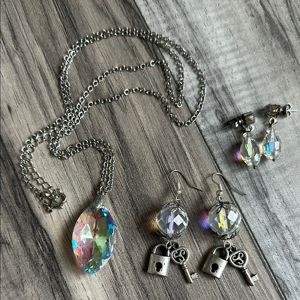 Iridescent Crystal Costume Jewelry Set of Necklace & 2 sets of earrings